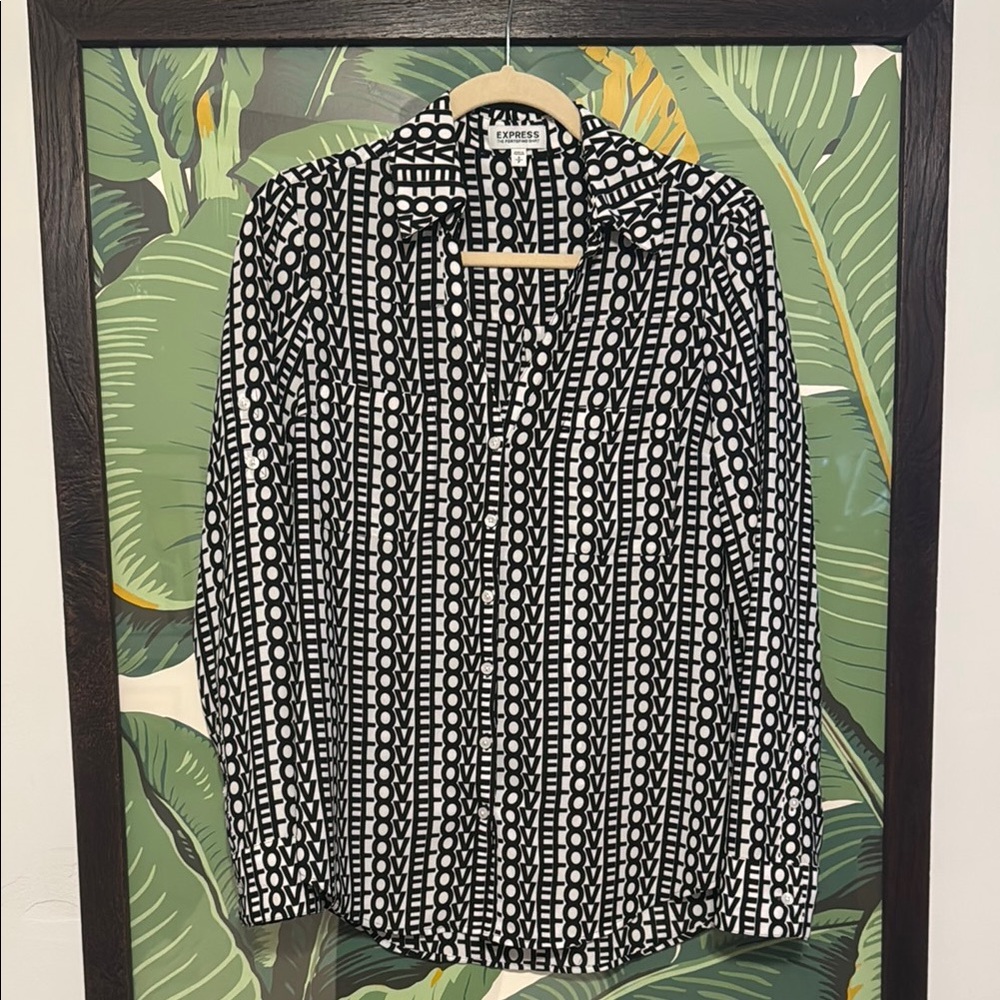 Express Black and White Button Down Shirt LOVE Pattern